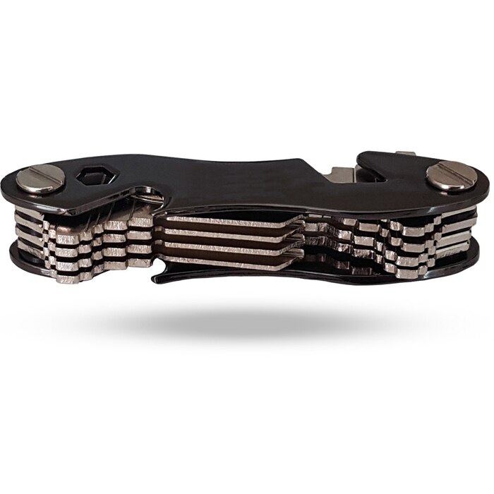 Compact Key Organizer Premium Key Holder with Built-In Tools Bottle Opener/Phone Stand Metal Holder: Black