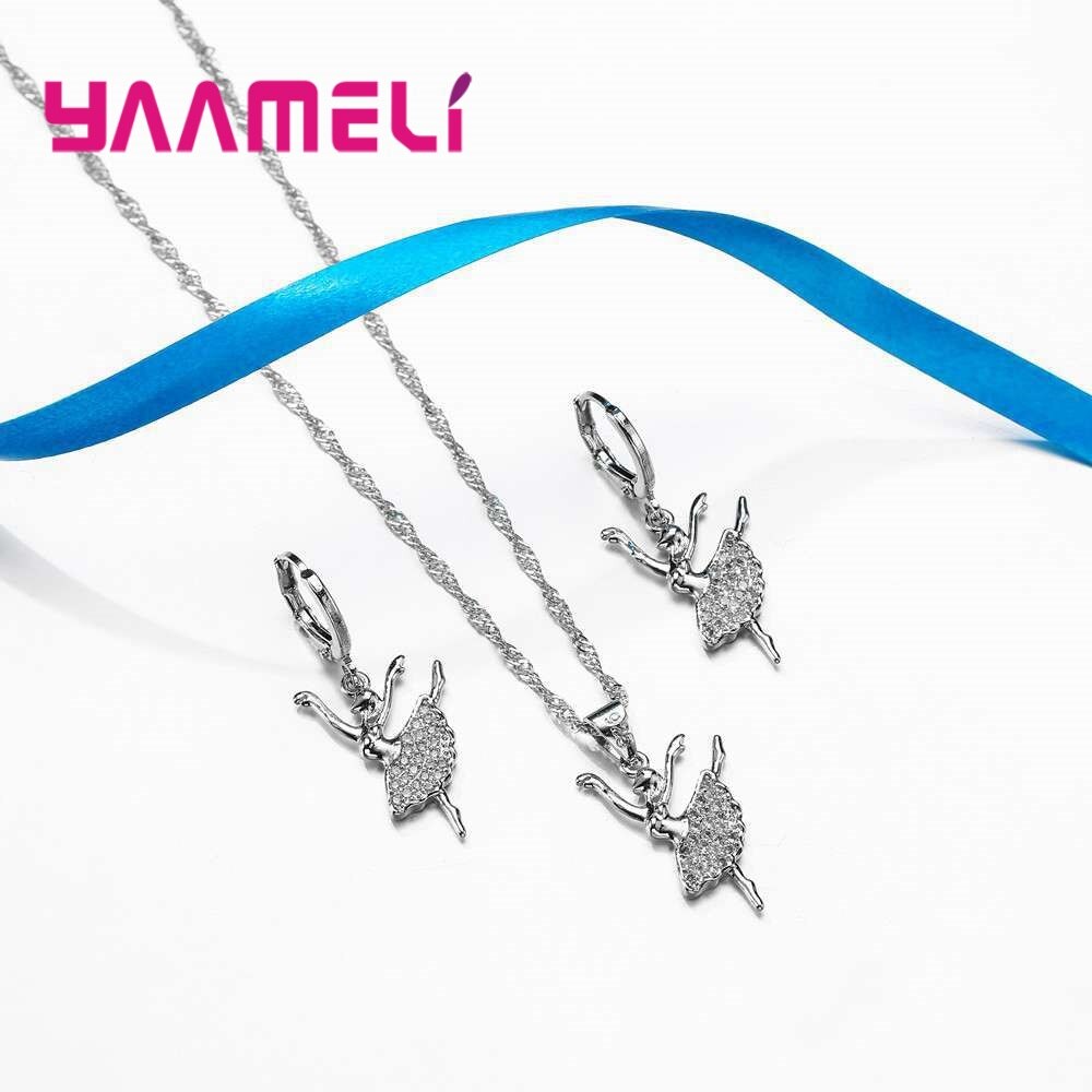 Yaamel Elegante Danser 925 Sterling Zilveren Ketting Oorbellen Set Shiny Zirconia Vrouwen Vrouwelijke Engagement Sieraden