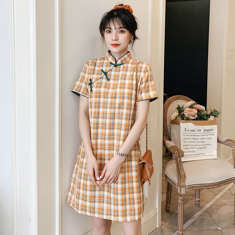 Plus Size M-4XL Yellow Check Loose Modern Cheongsam Dress Women Short Sleeve Qipao Traditional Chinese Clothes: 4XL