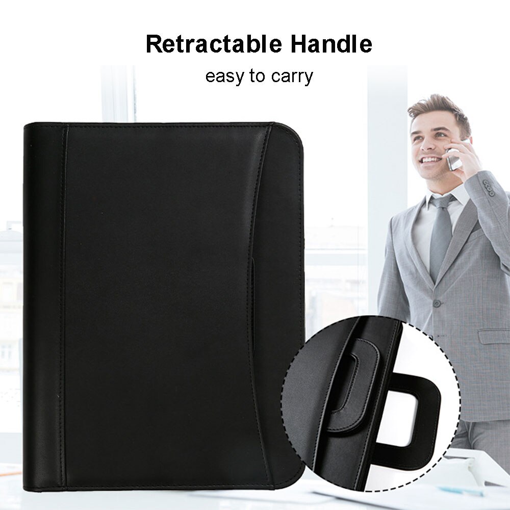 Portafolio de negocios A4 con mango retráctil, carpeta de cuero Pu, archivador con calculadora con cremallera, organizador de Notbook
