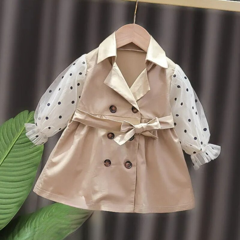 Mesh Patchwork Baby Meisje Trenchcoats Herfst Puff Mouwen Slanke Prinses Kinderen Kids Kleding Uitloper Tops