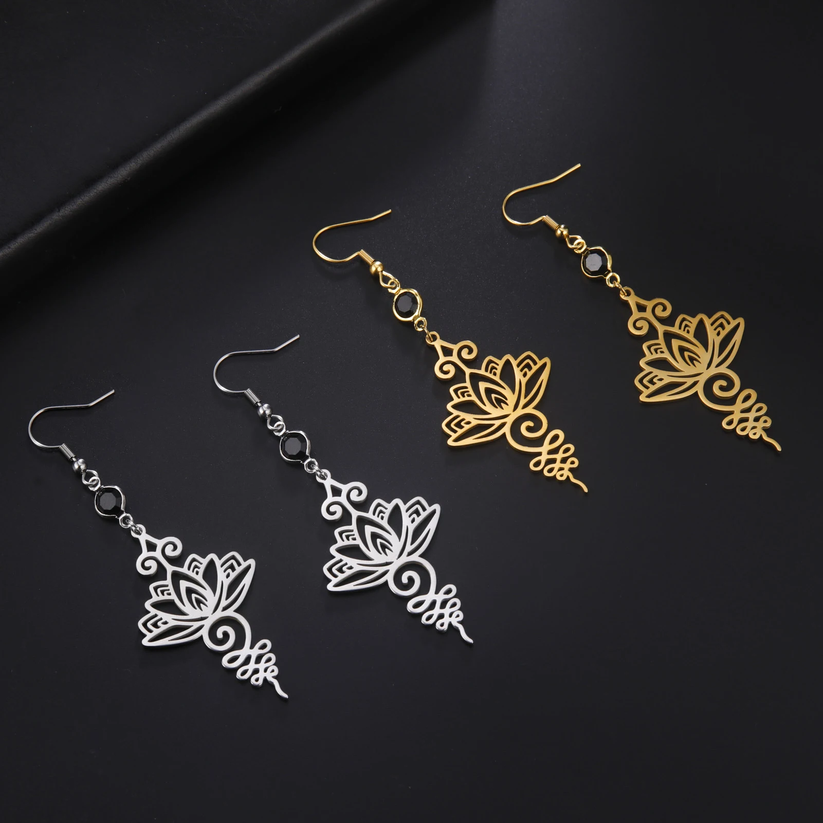Skyrim Unalome Pendientes colgantes de flor de loto de acero inoxidable, colgante de budismo de Yoga, pendiente de gota, joyería espiritual, para mujeres