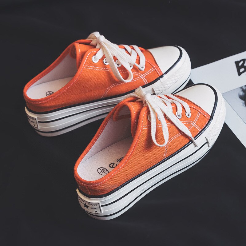 Summer heelless running shoes women's inner increase canvas shoes half drag thick bottom casual sports shoes for women ZP-201: orange / 9