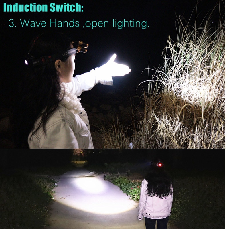 Most Powerful Induction ZOOM LED Headlight headlamp 5LED T6 Head Lamp Flashlight Torch head light Best For Camping, fishing