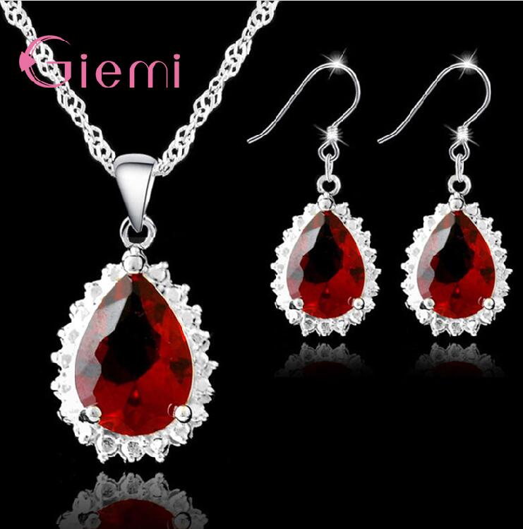 Gorgeous Retro Red Water Crystals Pendant Necklace Earrings 925 Sterling Silver Jewelry Set For Woman Lady Party: Fishhook