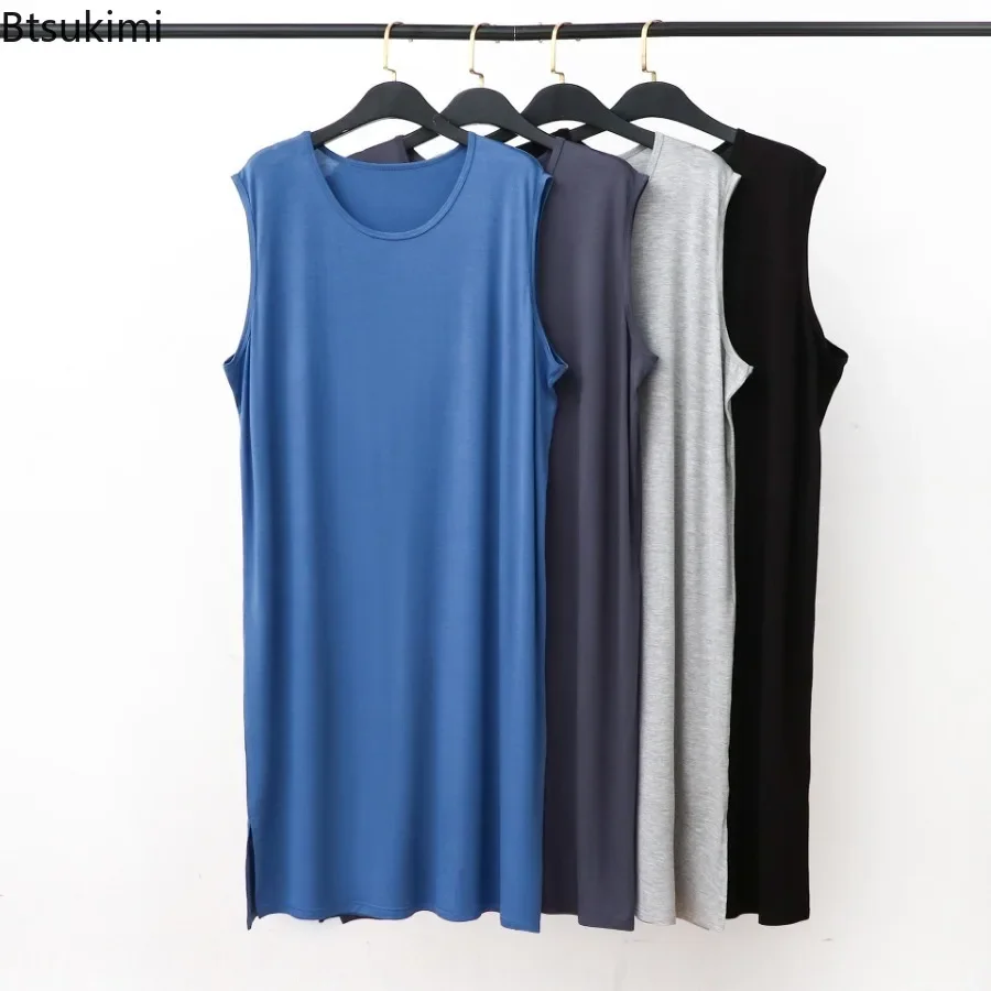 2025 pijamas de Modal de verano para hombres, batas estilo de chaleco, albornoz largo sin mangas de talla grande, ropa de hogar holgada, suave y cómoda para hombres