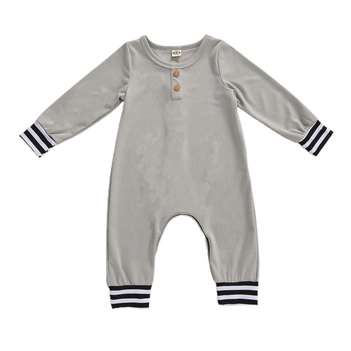 Peuter Herfst Kleding O-hals Lange Mouwen Geribbelde Jumpsuit Met Strepen Manchetten En Terug Trimmings Voor Baby Meisjes, Jongens: Grijs / 12m