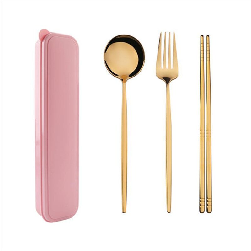 European Portable Dinner Set Cutlery Stainless Steel Knife Fork Spoon Chopsticks Dinnerware Set with Box Kitchen Tableware: Pink D