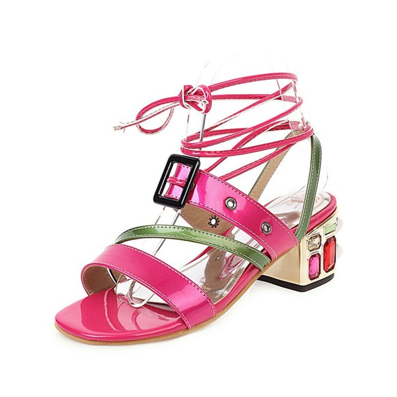 PXELENA, sandalias romanas de gladiador con tiras cruzadas, hebilla de diamantes de imitación, tacones tirantes altos, zapatos de mujer de verano , charol 34-45