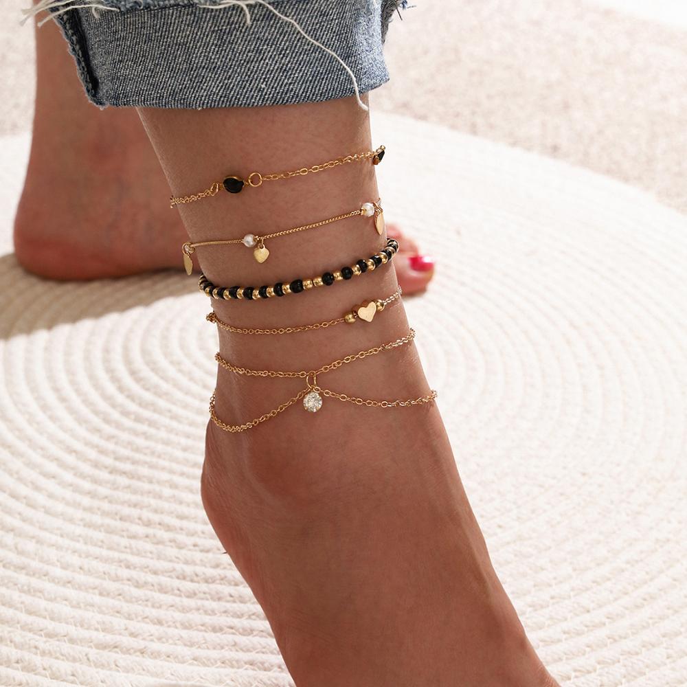 HI homme 5 pièces/ensemble bohème Simple à la main coeur cristal cheville pour les femmes été plage surf bijoux accessoires
