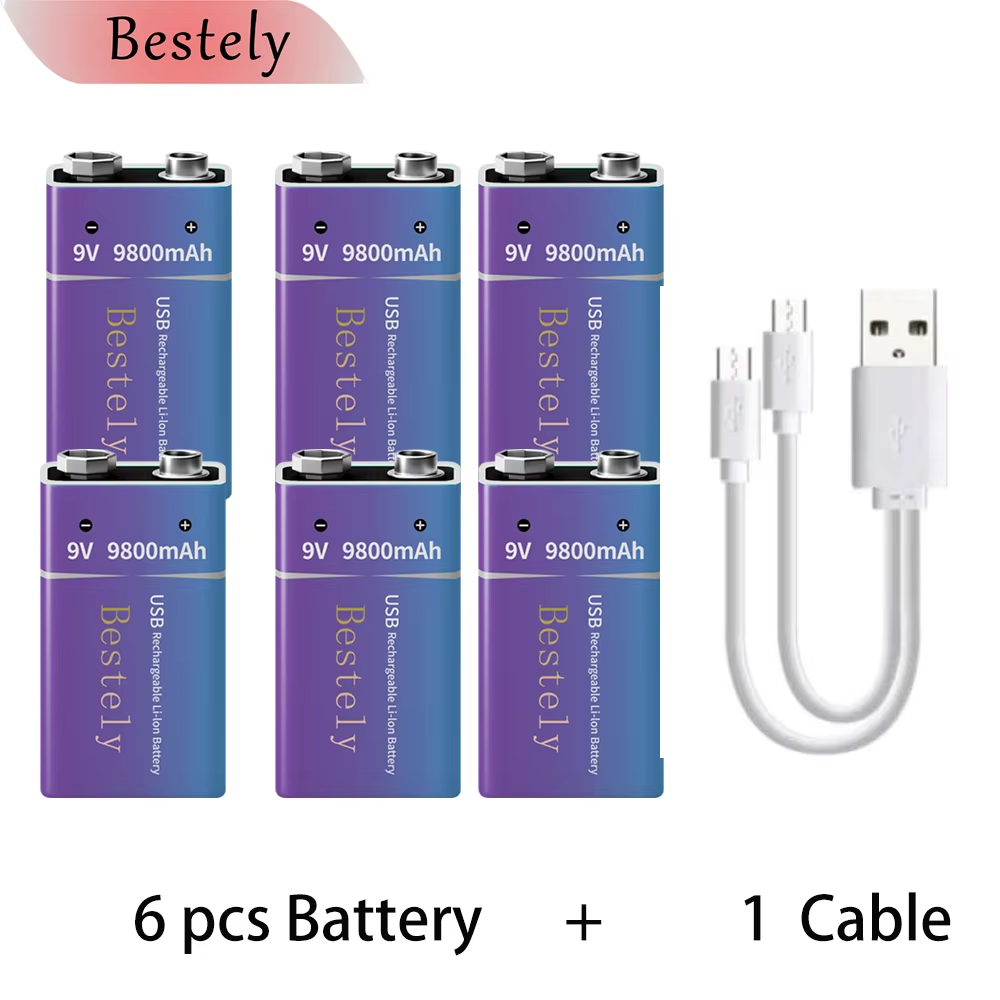 9V oplaadbare lithiumbatterij, 9800mAh langdurige 9v Li-ionbatterijen met kabel, voor rookmelder, alarmen, microfoon: Beige