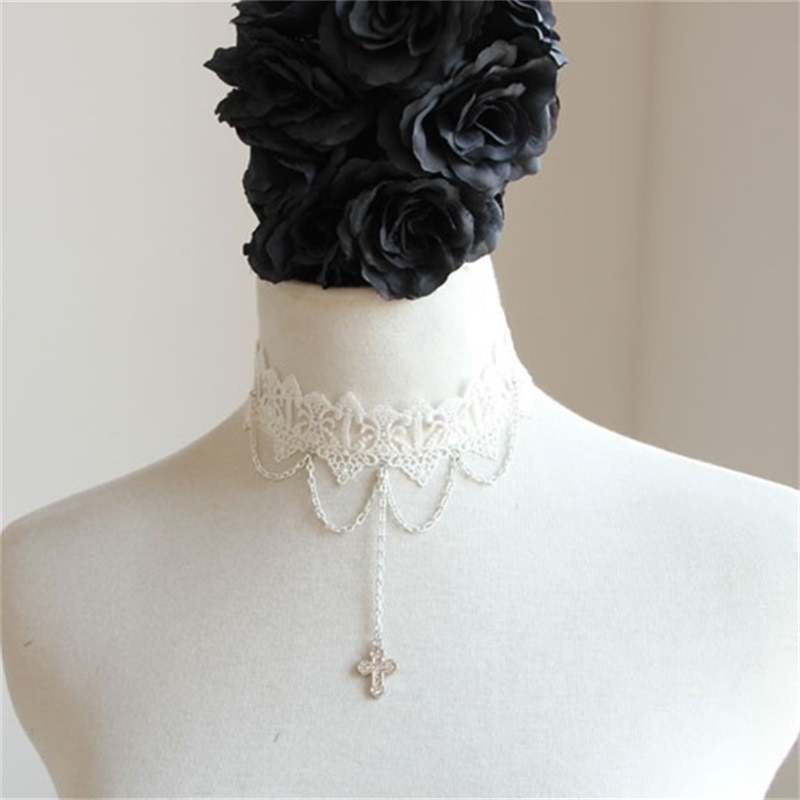 Yiyaofa vintage witte kanten ketting met kruishanger en choker voor dames, accessoires, gothic, dames, feestsieraden, kraag, gn -72