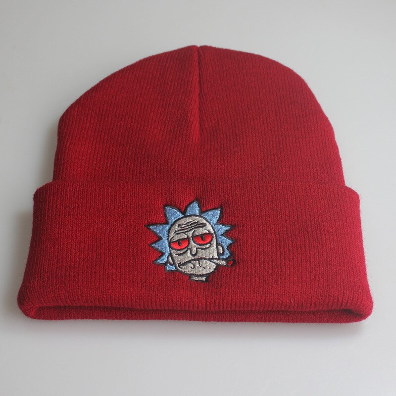 Rick Mützen Rick und Morty Hüte Elastische Stickerei Warme Winter unisex Gestrickte Hütte Skullies UNS Animation Ski Gorros Kappe: Wein rot