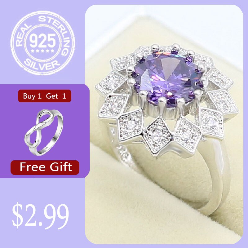 White Purple Zircon 925 Silver Ring For Women Wedding Jewelry Free: 7 / Purple