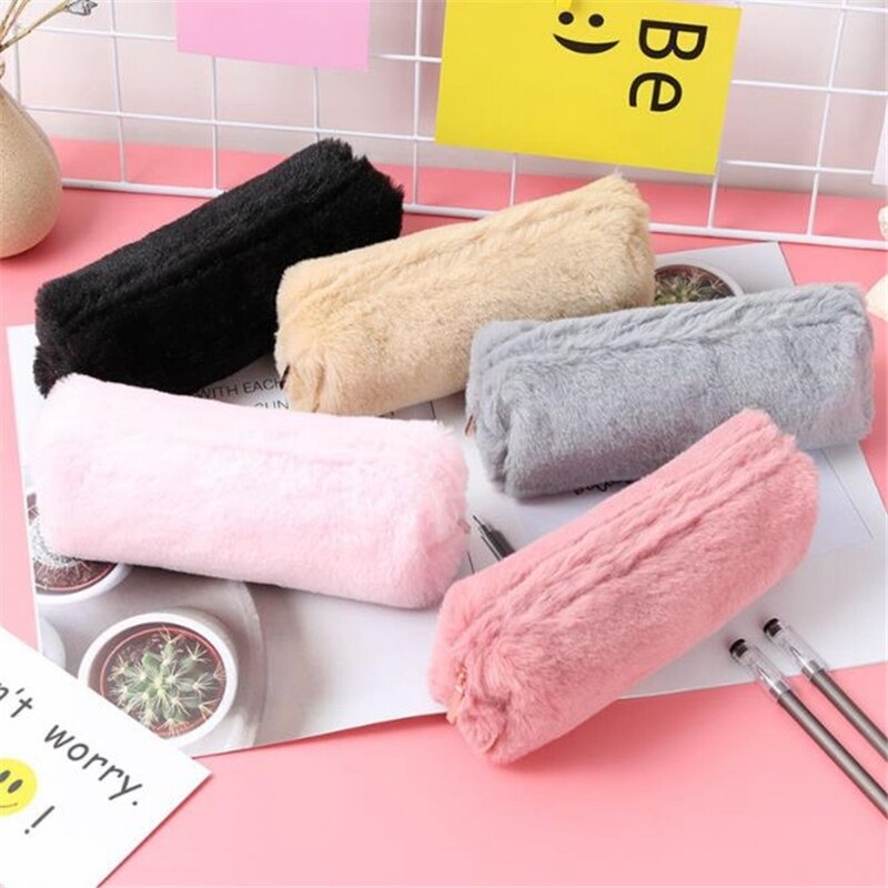 Trousse en peluche couleur unie Kawaii porte-crayon s sac papeterie trousse à crayons porte-crayon scolaire pour filles fournitures scolaires outils