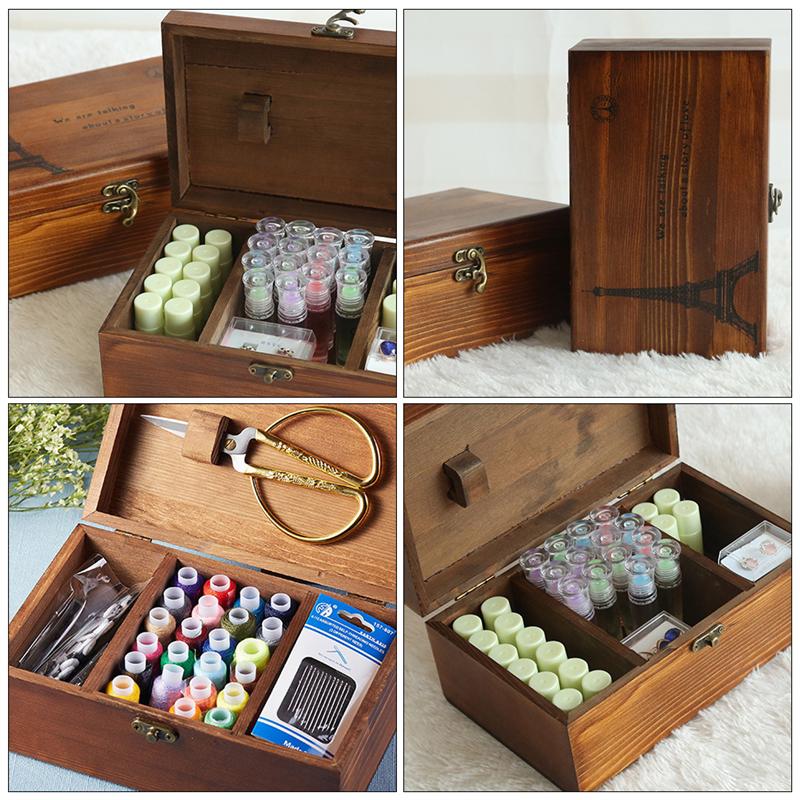 1Pc Household Storage Container Sundries Box Wooden Needlework Box Home DIY Sewing Tool Storage Box (Coffee)