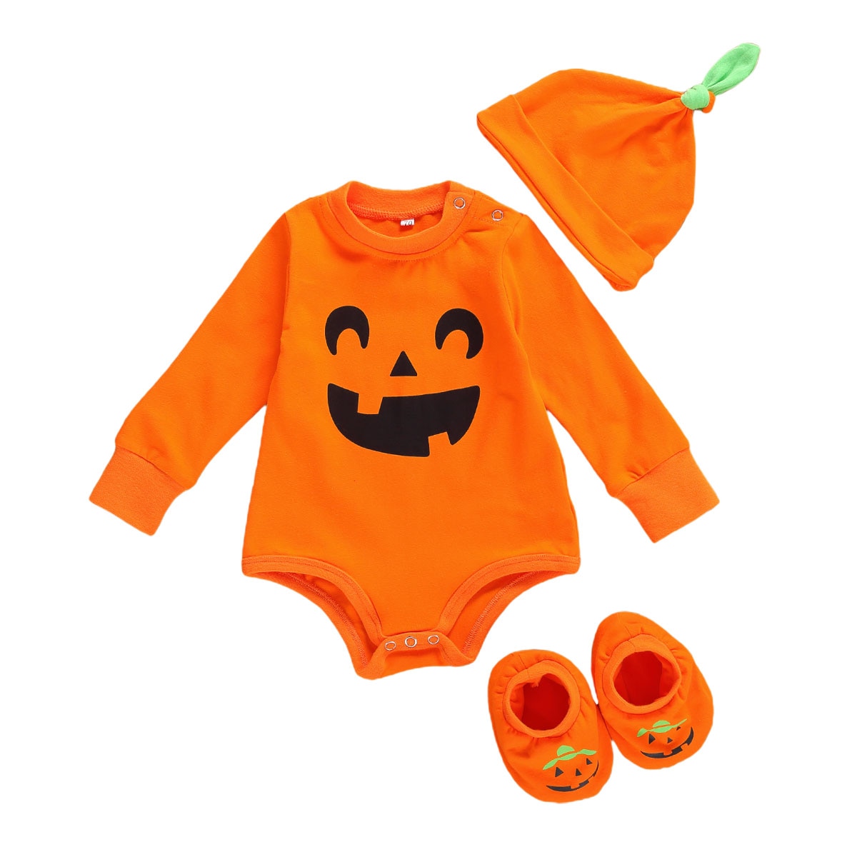 3Pcs Kleinkind Halloween Anzug Orange Oansatz Lange-Ärmeln + Kürbis Ghost Slip-On Schuhe + hut für Baby Jungen Mädchen 0-18M