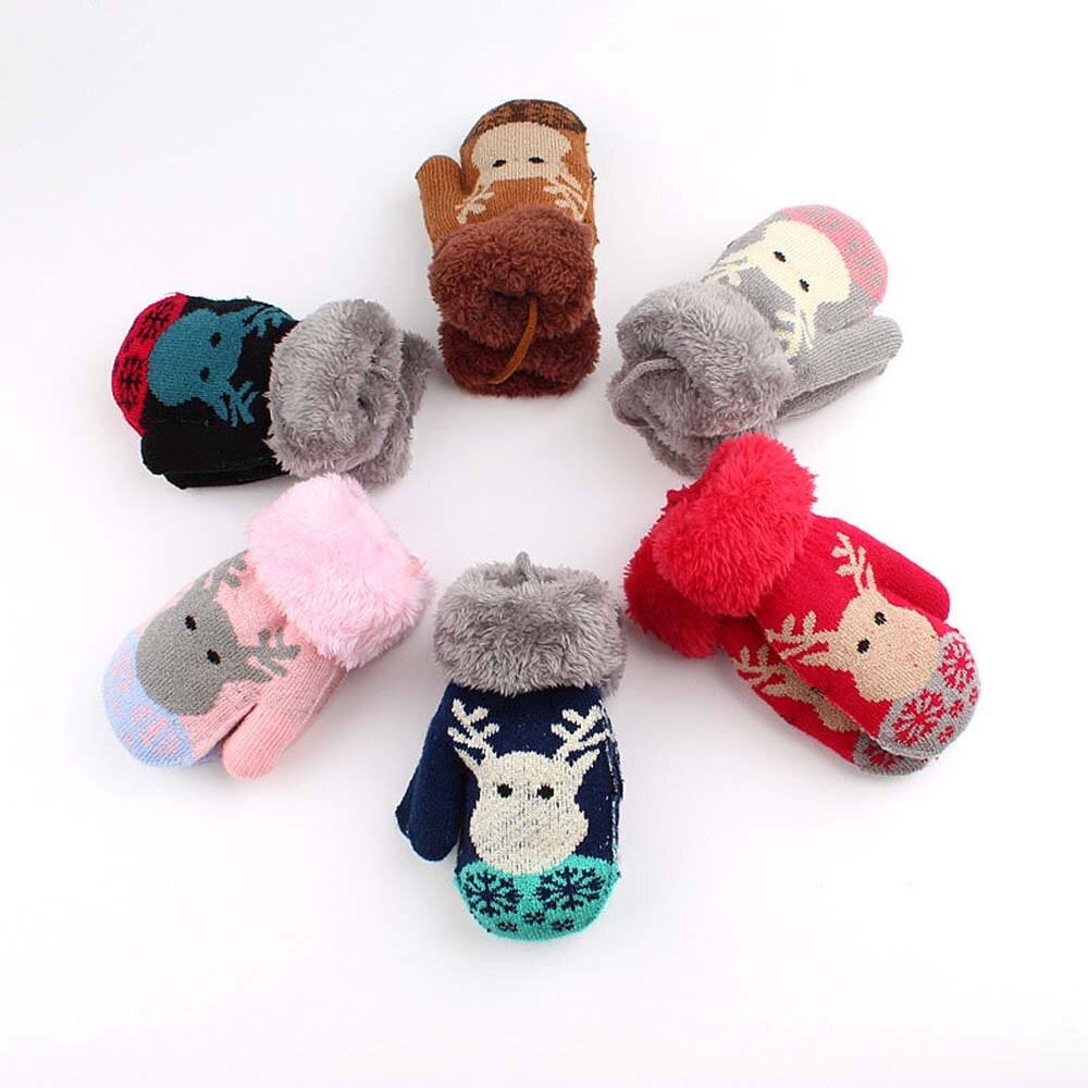 Christmas Toddler Baby Winter Cartoon Deer Velvet Knitted Mittens Gloves Boy Girl Kids Children Outdoor Child Gloves
