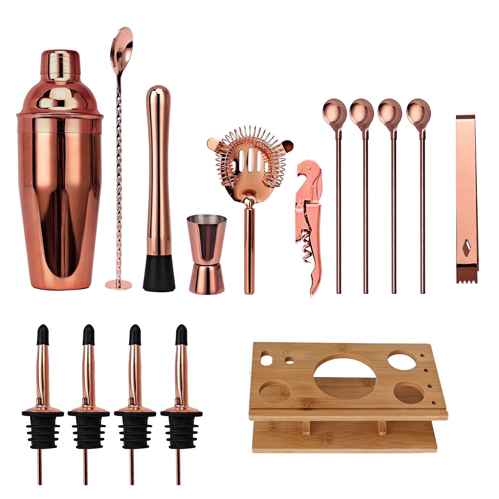 D2 16pcs Rose Gold Cocktail Shaker Kit Mixer Wine Stainless Steel Bars Drink Making Set Bartender Tool Home Party Accessories: Rose Gold