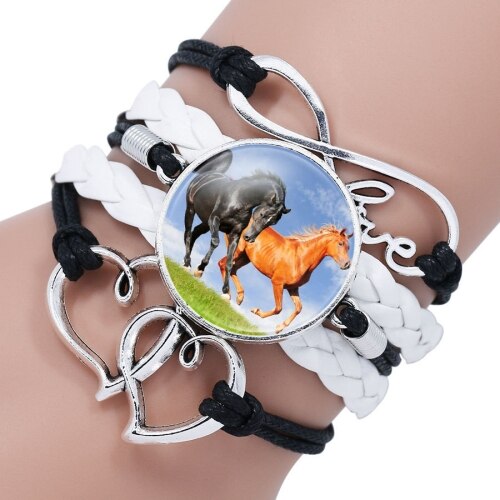 Exweup Vintage Horse Pattern Black Leather Bracelets Bangles Love letter Crystal Gem stone Bracelets Women Bangle Wristbands: F11170MI09