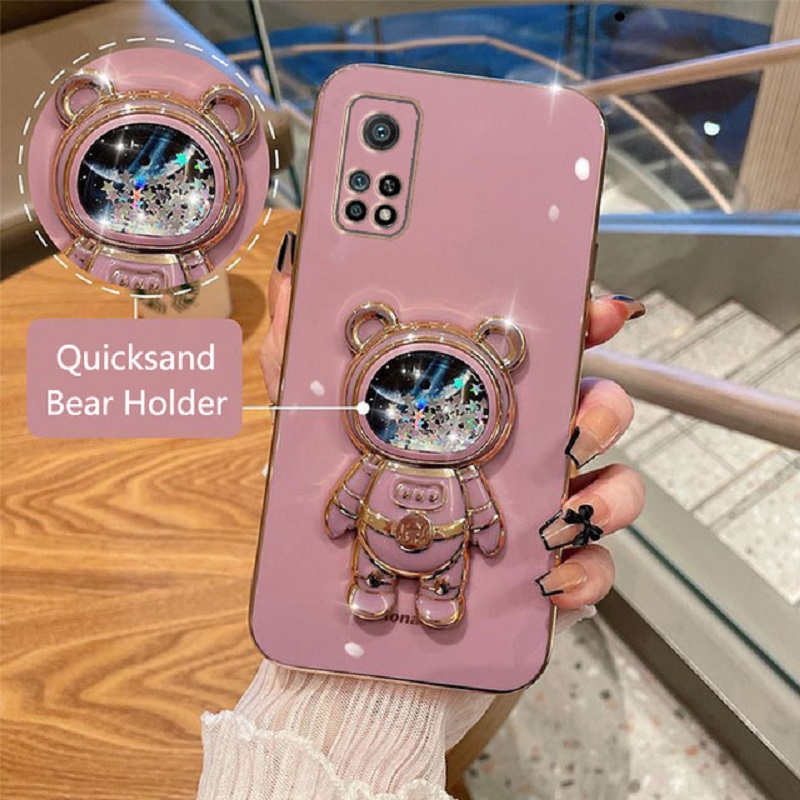 Funda de teléfono para Xiaomi Mi 9 Mi 9T Mi 9T Pro Xiaomi Mi 10 Xiaomi Mi 10T Mi 10T Pro, funda con soporte plegable de oso de dibujos animados chapado en arena movediza: ABS / Negro
