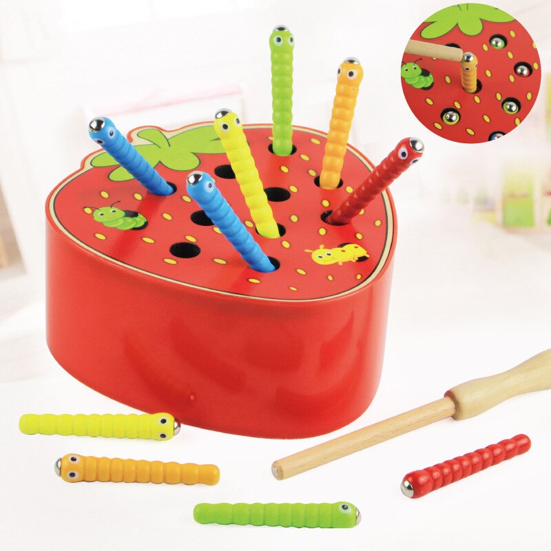 Baby Montessori Education Wooden Toys Kids 3D Matching Puzzle Magnetic Stick Strawberry Catch Worm Fishing Interactive Math Toys