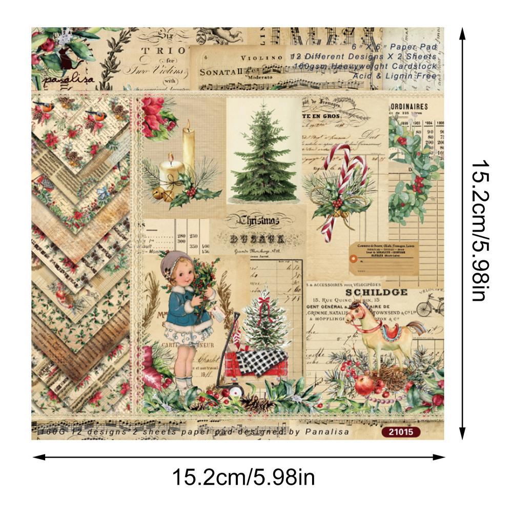 24 Sheets Scrapbook Paper Christmas Elements DIY Journal Supplies Aesthetic Retro Decorative Paper Scrapbooking Supplies Kit Eas