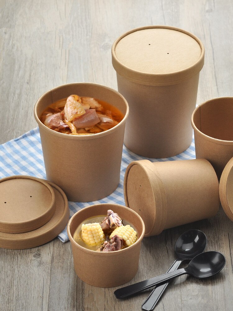 50 stücke Kraft papier runde suppe schüssel suppe eimer einweg mittagessen Kasten zum mitnehmen Snack lebensmittel obst salat verpackung tassen