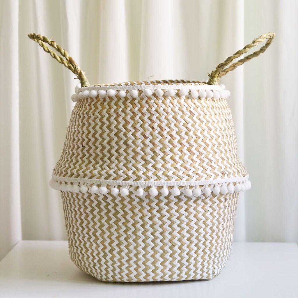 F# Handmade Bamboo Storage Baskets Seagrass Wicker Basket Garden Flower Pot Laundry Basket Container Holder With White Tassel