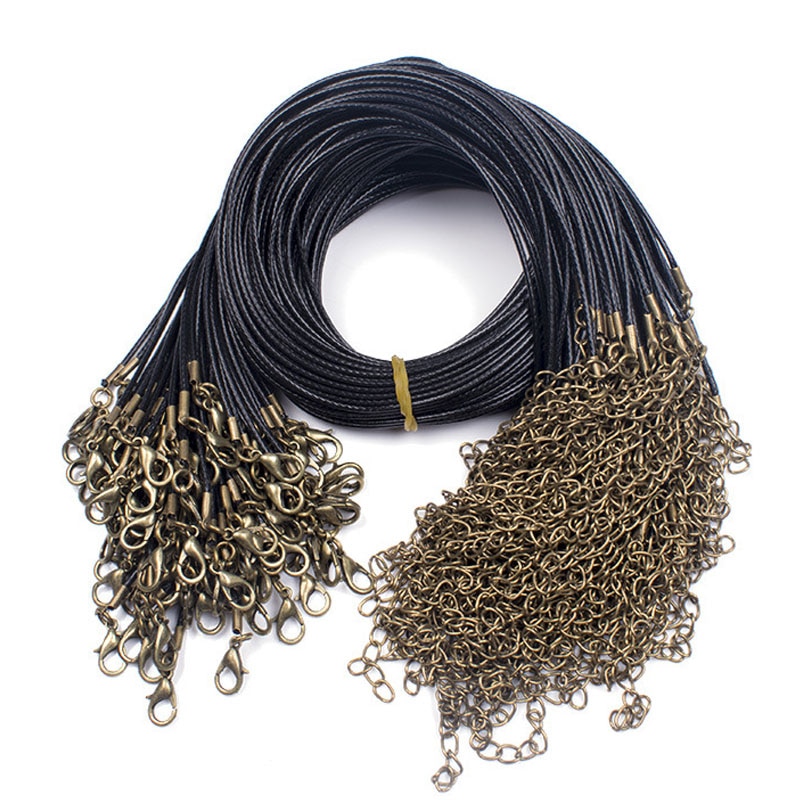 10pcs/lot Antique Bronze/Rhodium/Gold Lobster Clasp Necklace Cords Dia 1.5mm Black Wax Leather Chains With Extension DIY Jewelry
