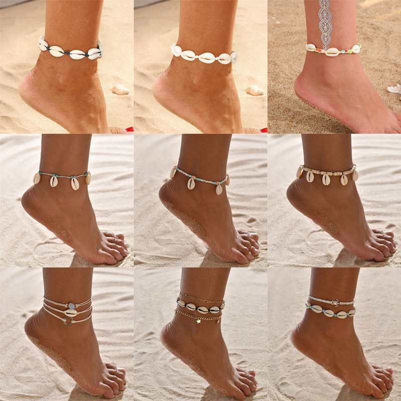 Bohemian Shell Anklets for Women Handmade Leather Woven Natural Shell Foot Jewelry Summer Beach Barefoot Bracelet ankle on Leg