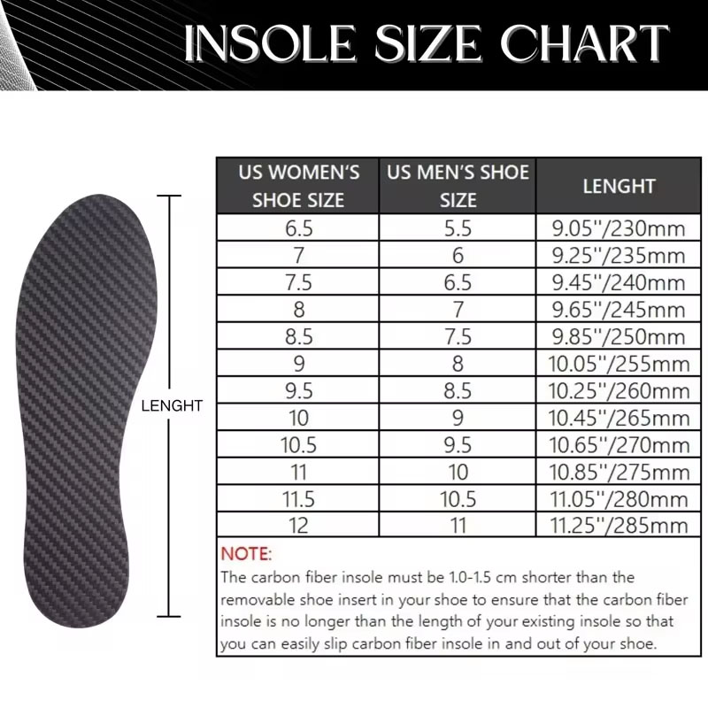 1Pair 1.2mm Carbon Fiber Insole-Carbon Sole Propulsi For Basketball Football Hiking Sports Carbon Orthotic Insole-With Box