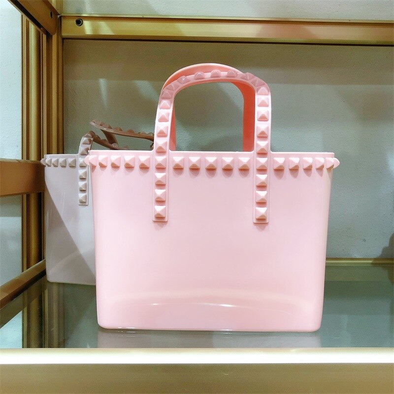 Summer Rivet Jelly Lady Handbag Bucket Tote Bag Shopping Bag Large Capacity PVC Women Handbag: Light pink / l