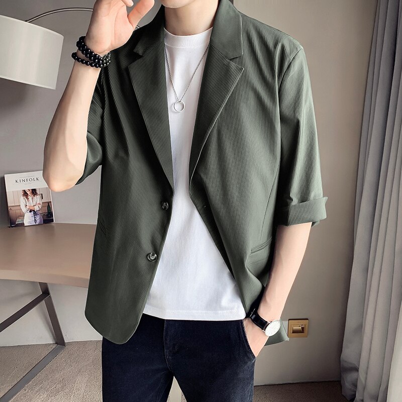 Summer Half Sleeve Blazers Men Striped Leisure British-style Trendy All-match Simple Korean Suit-tops Male Chic Daily Streetwear