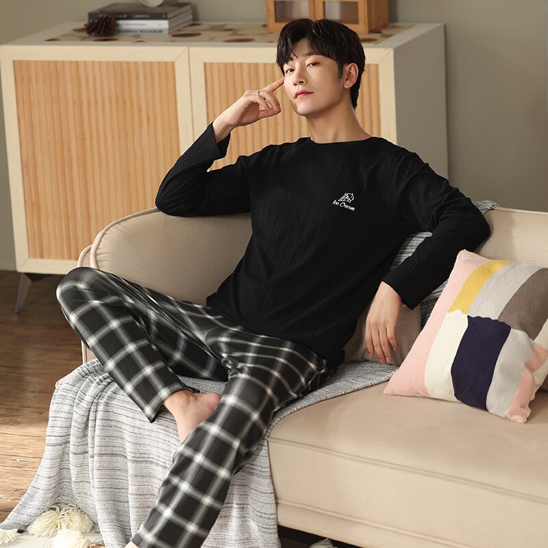 Spring Full Pure Cotton Men's Pajamas Sets Long Sleeve Tops Plaid Pants Pyjamas Male Casual Pijama Hombre Big Yards 4XL