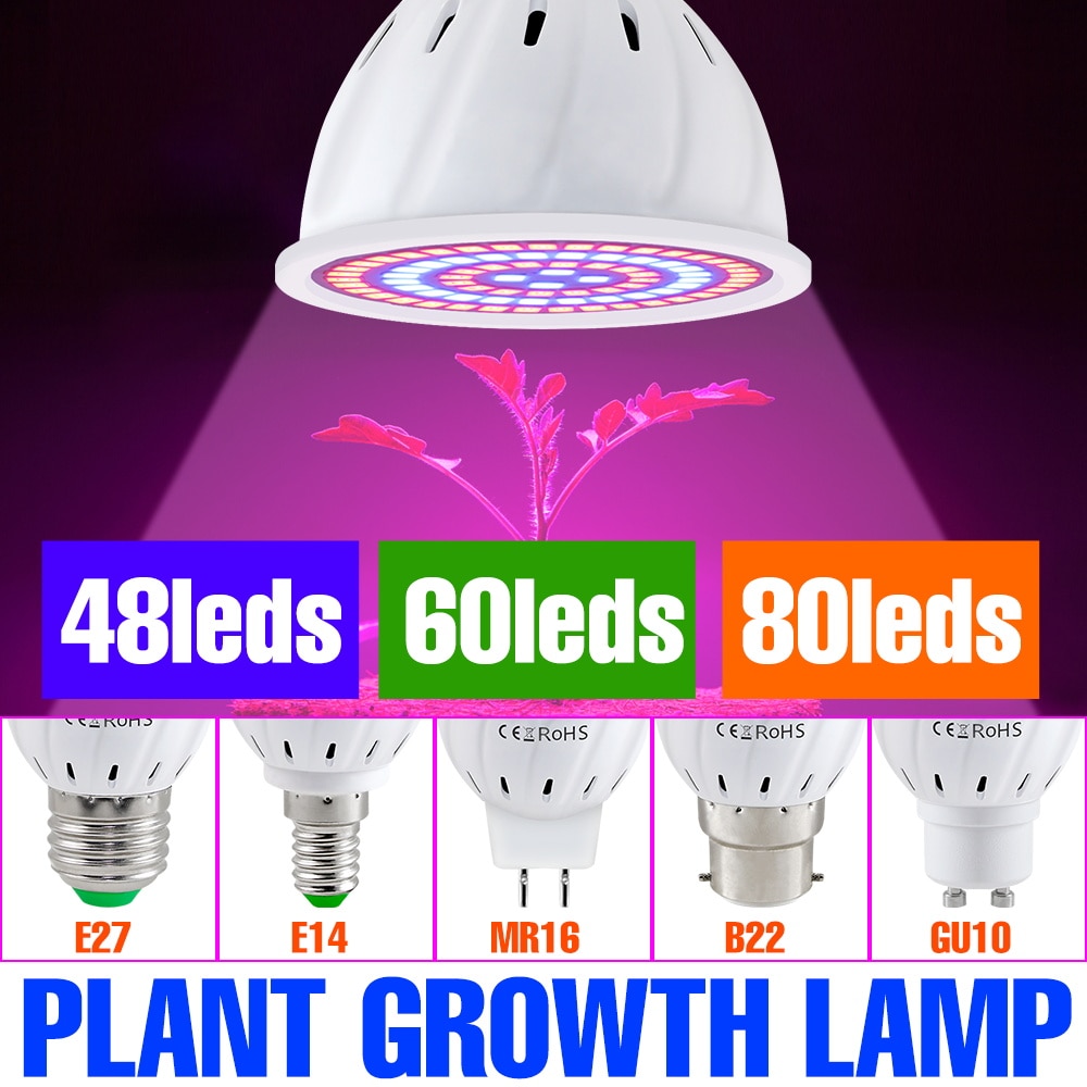 Lampe horticole de croissance hydroponique Led, 220V, E27, Phyto E14, spectre complet, MR16, GU10, B22