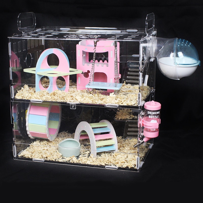 Gennemsigtig enkeltlag dobbeltlags hamsterhus akryl marsvin bur små kæledyr overdimensionerede villa leverer legetøj