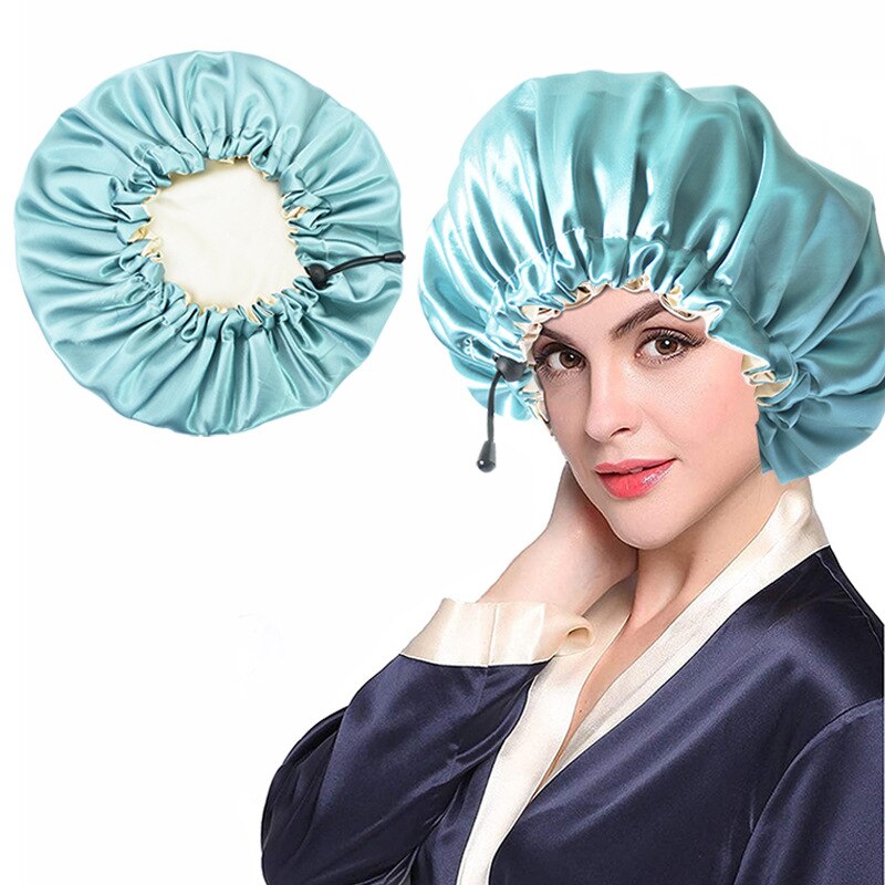 Hair Salon Elastic Thicken Double Layer Night Cap Adjustable Women's Oiled Shower Soft Silk Bath Hat Satin Bonnet Logo Printing: Green
