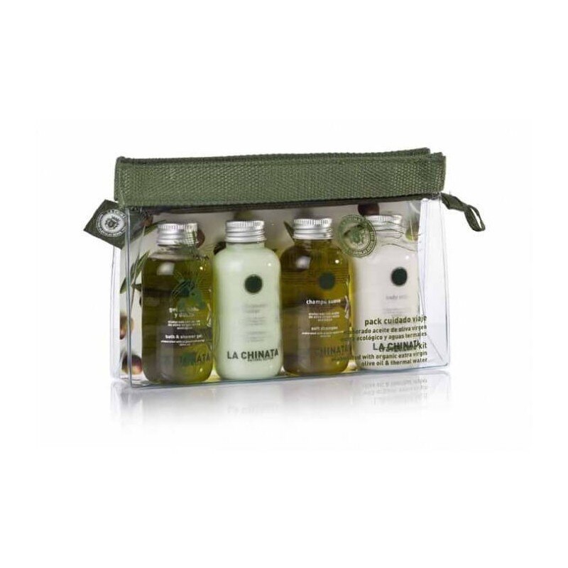 La Chinata Travel Care Kit 400 ml. Pack de viaje. Neceser cómodo y práctico con gel , champú suave, acondicionador y bodymilk.