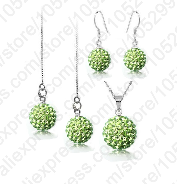 925 Sterling Silver Crystal Disco Ball Beads Necklace Earring Ear Thread Jewelry Set Trendy Jewelry: green