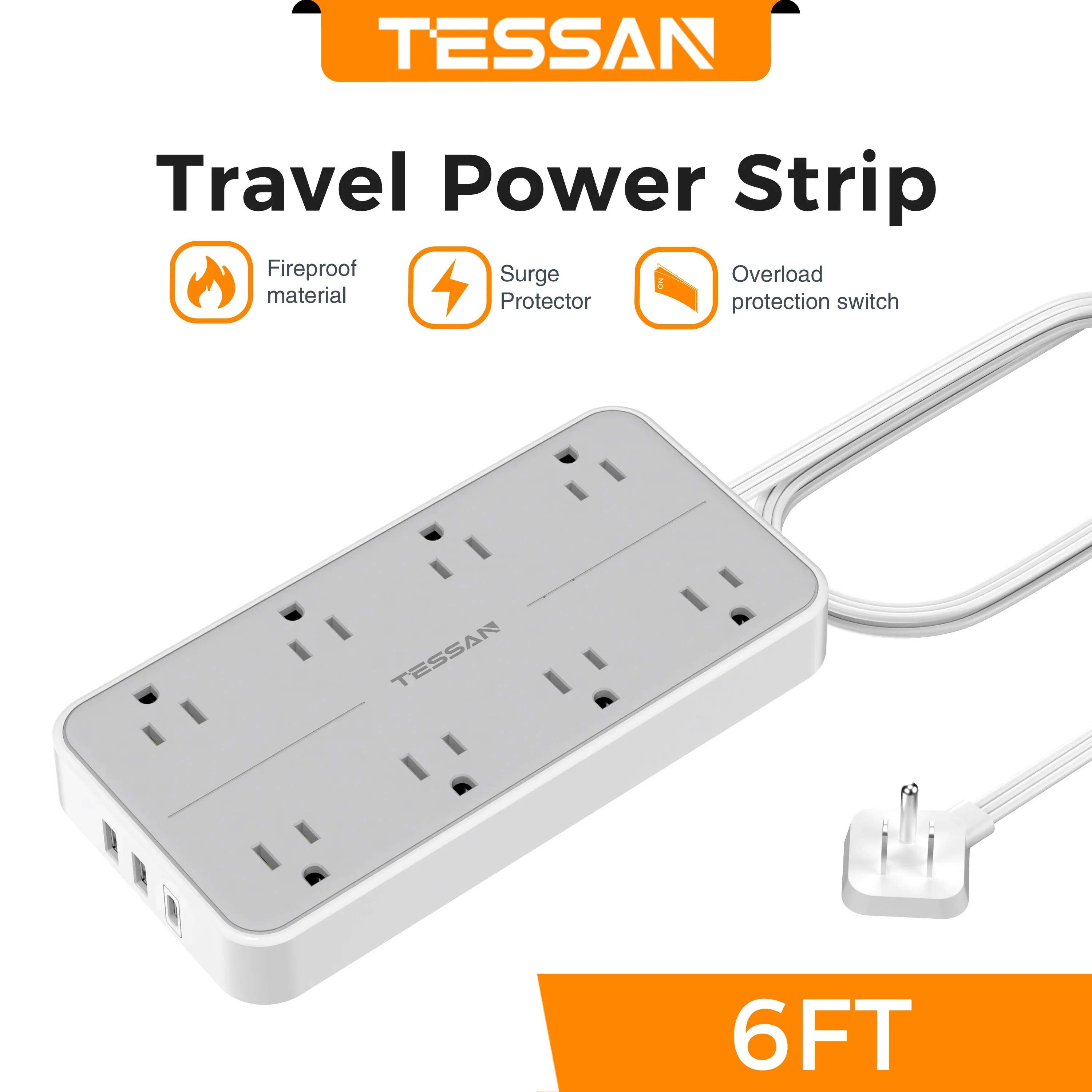 TESSAN Electrical Extension Flat Plug Type C Multi-Plug Strap Multi-Plug Connector with 8 AC Outlets and 3 USB Ports (1 Type C): WHITE