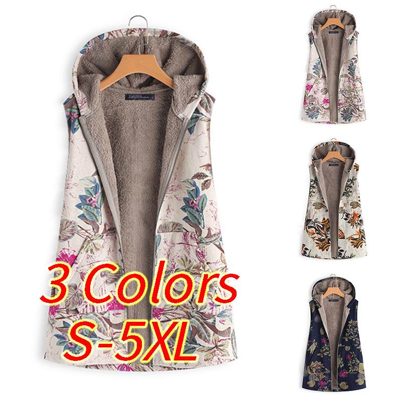 Winter Vintage Bloemen Gedrukt Jas Jassen ZANZEA Herfst Rits Uitloper Vrouwen Capuchon Katoenen Faux Pluizige Warme Jassen Oversize