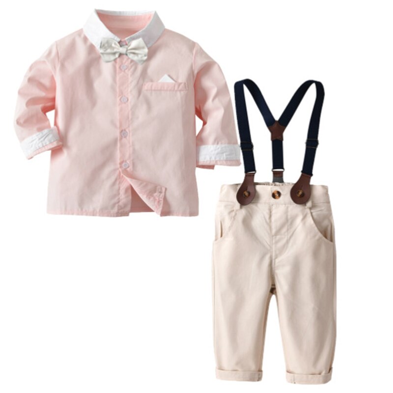 Conjunto de ropa para bebé, traje de caballero, camisa rosa con pajarita + Pantalones, ropa para de boda, chico guapo, ropa para niño