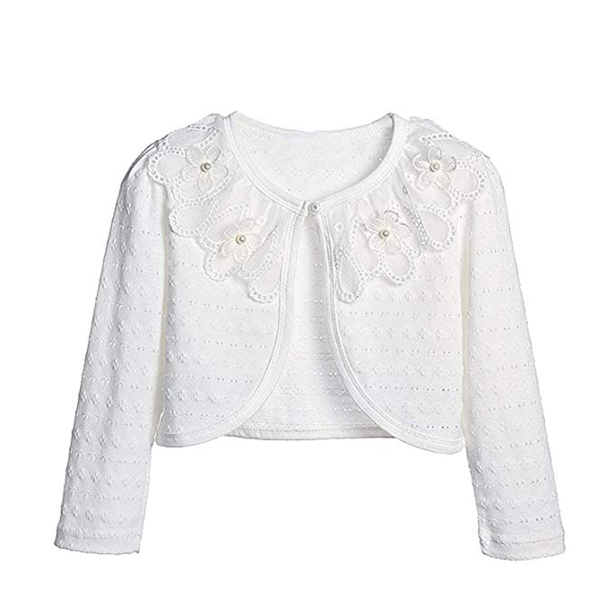 Brand Girls Long Sleeve Kids Lace Bolero Shrug Pearls Button Wedding Cardigan 1-6 Y: 4T
