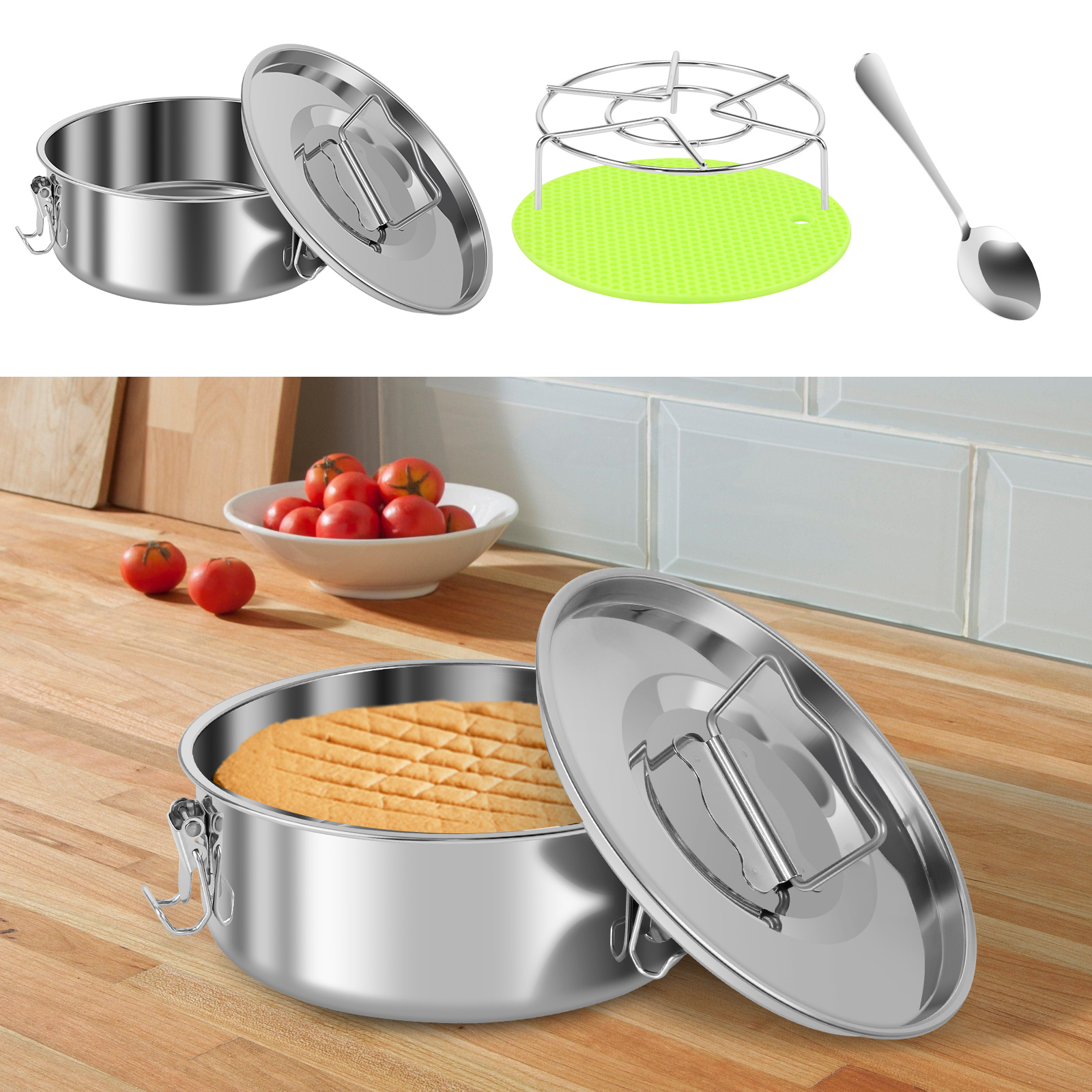Flan Mold with Lid and Handle Stainless Steel Flan Pan Practical Flan Pan Mold with Steam Rack Honeycomb Mat Spoon Flan Pot