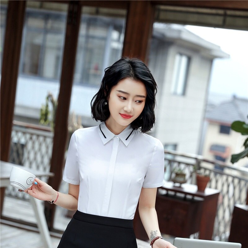 2018 novos estilos de verão manga curta moda retalhos chiffon blusas & camisas para mulheres negócios trabalho wear tops roupas brancas