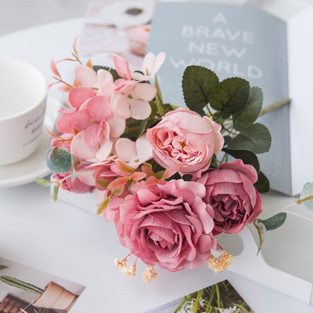 5 buntar rosa pionbukett konstgjorda blommor heminredningstillbehör bordsdukning bröllop dekorativ blomma: Djuprosa