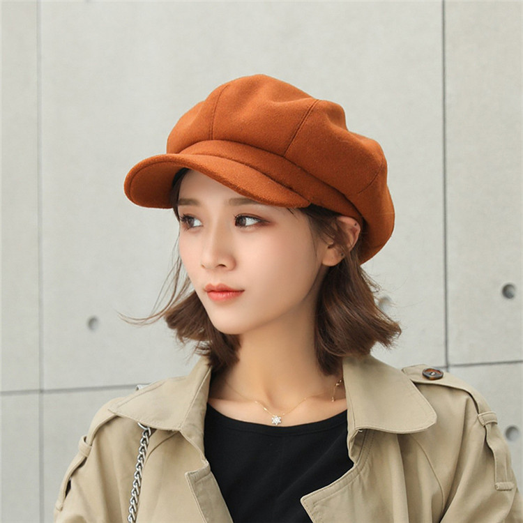 2002 vinter ottekantede hatte kvinder efterår uld baret kasketter kvindelige casual uldne maler hatte dame ren farve baret kasket: Karamel