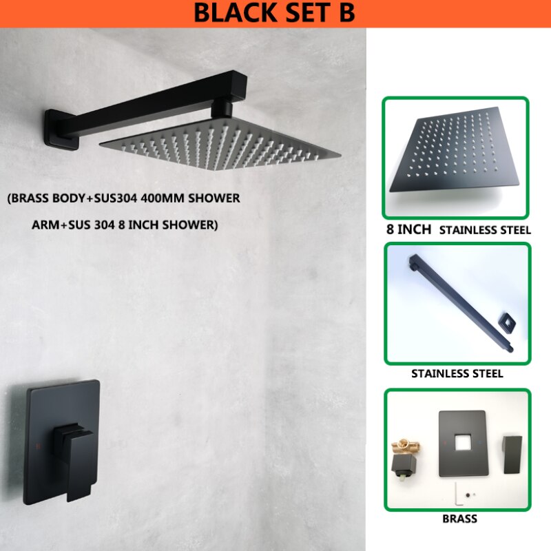 Matt Black Ultra Thin Square 8 Inch 304 Stainless Steel or ABS Top Shower Concealed In Wall Head Shower Set System