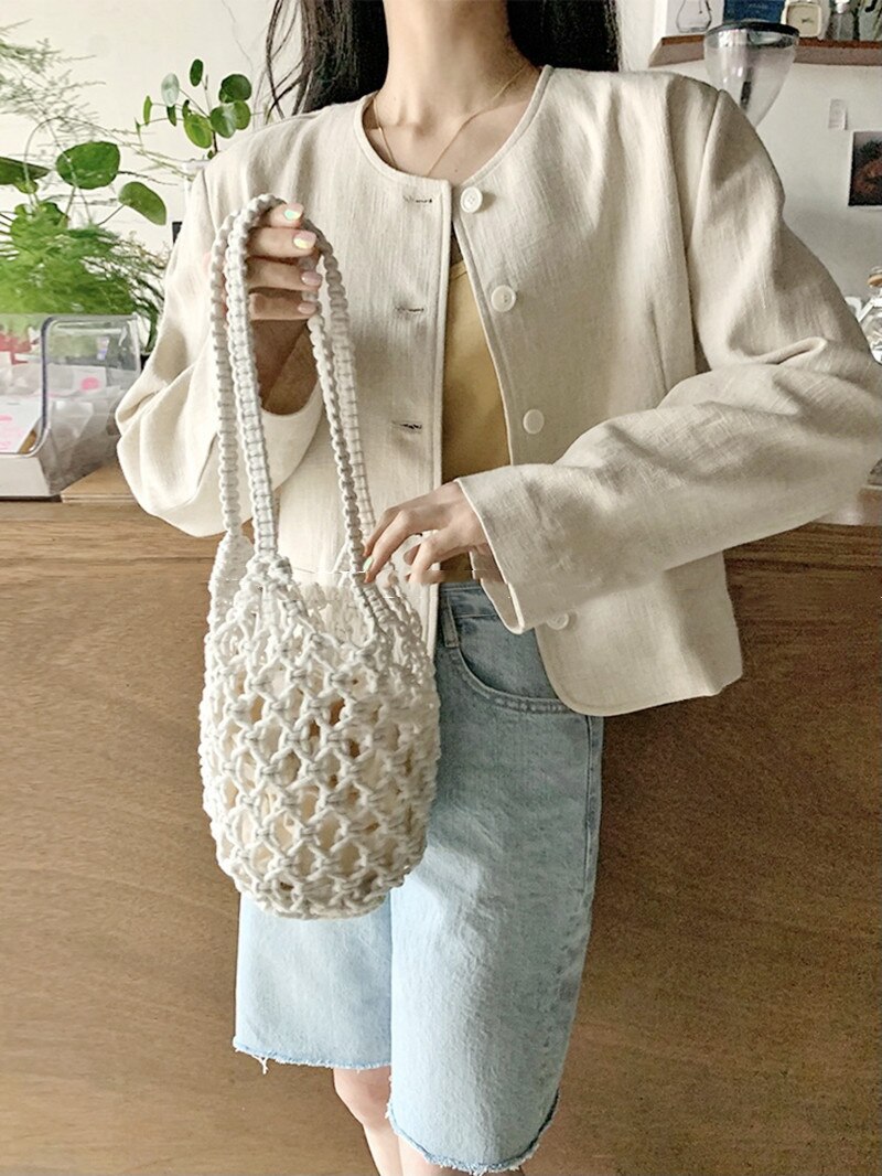 Zomer Holle Geweven Schoudertas Effen Kleur Lichtgewicht Casual Wild Emmer Purse Handtas Met Innerlijke Trekkoord Zak